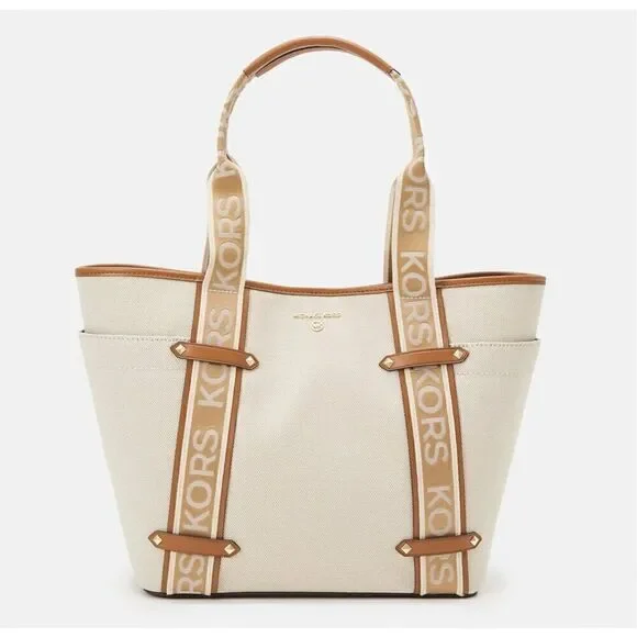 RARE NWT Michael Kors Maeve Large Open Tote Canvas Double Handles Handbag Cream - Picture 2 of 10